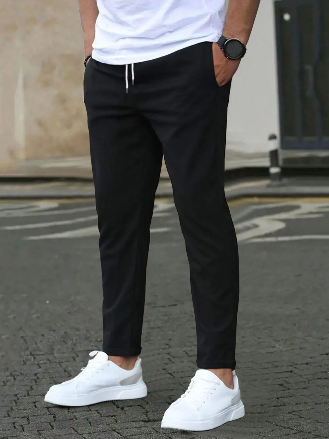 Men's Solid Color Pocket Drawstring Waist Pants, Regular Fit Casual Comfy Elastic Waist Trousers for Daily Wear, Men's Bottoms for All Seasons