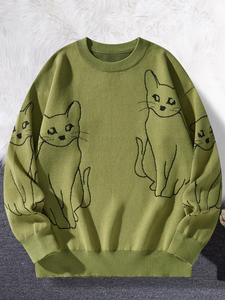 Unisex Men's Cute Cat Print Crewneck Sweatshirt, Casual Round Neck Sweatshirt, Men's Tops, Going Out Outfits, Drippy Outfits, Men's Clothing
