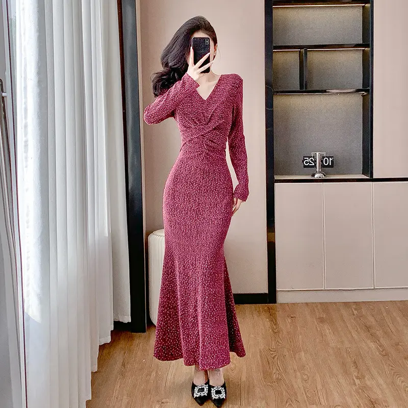 Váy Thanh Lịch, Gợn Sóng Kiểu Pháp, Thiết Kế Kim Cương, Phong Cách Quý Phái, Thời Trang Cao Cấp, Váy Xếp Ly, Váy Nàng Tiên Cá, Dành Cho Nữ, Hàng Mới Về Thu Đông 2024, FK * K