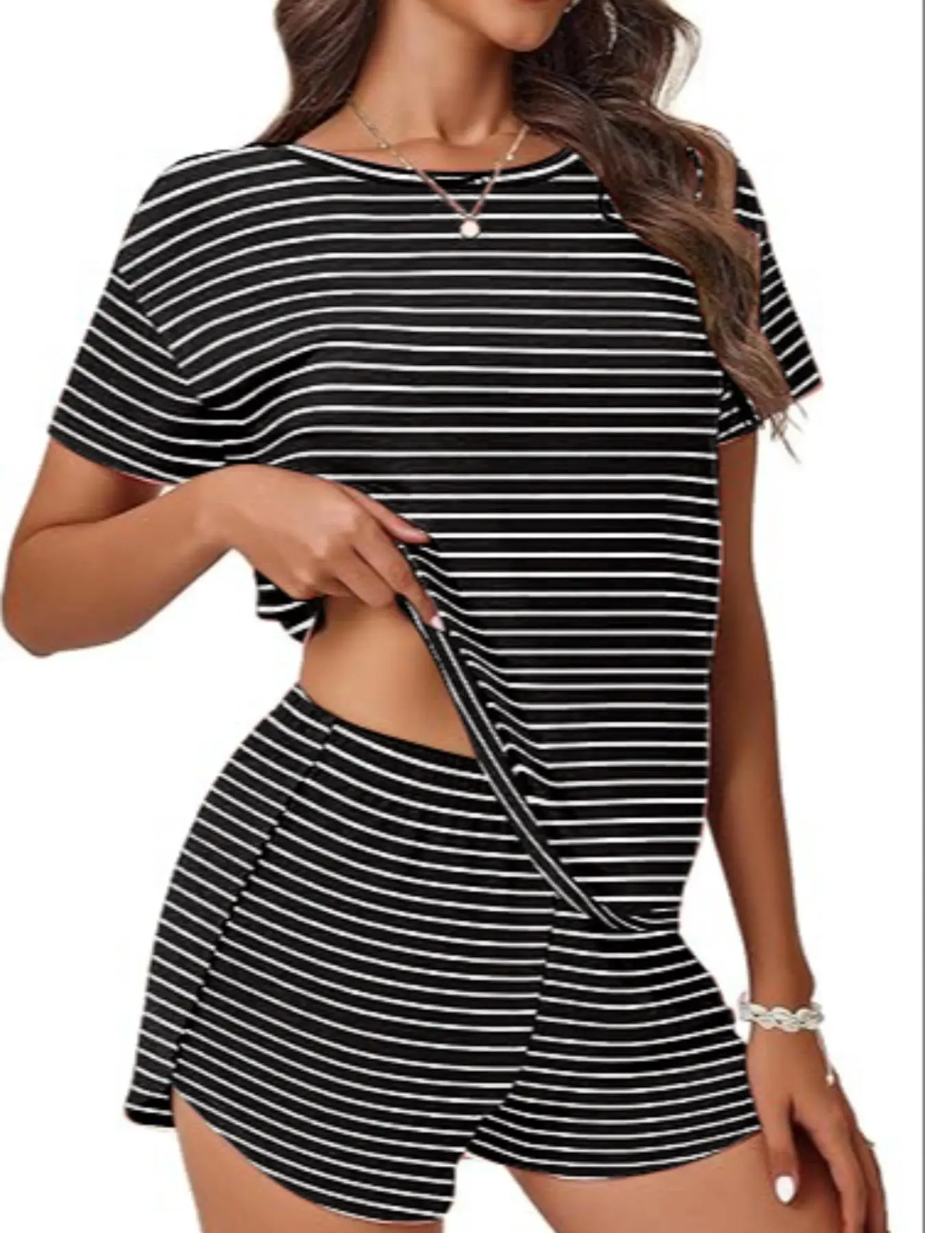 Women's Striped Tee & Shorts Pajama Two-piece Set, Casual Comfy Round Neck Short Sleeve T-shirt & Shorts Pajama Set, Ladies Summer Sleepwear