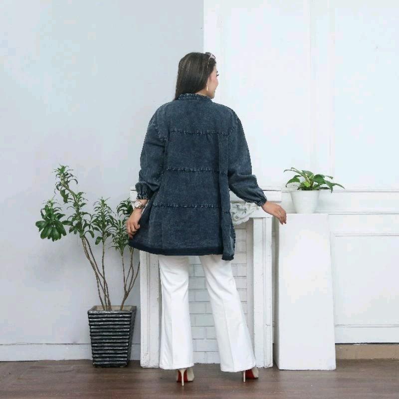 Atasan Kemeja Jeans Babydoll Susun // Kemeja Wanita Babydoll Oversize Kekinian 6