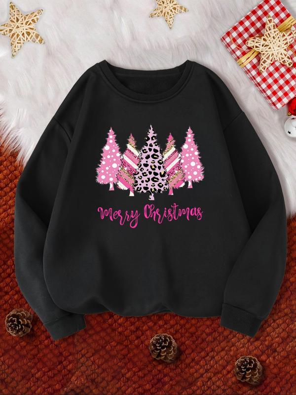 Women's Christmas Tree & Letter Print Drop Shoulder Sweatshirt, Casual Long Sleeve Round Neck Pullover for Daily Wear, Ladies Fall & Winter Clothes 0
