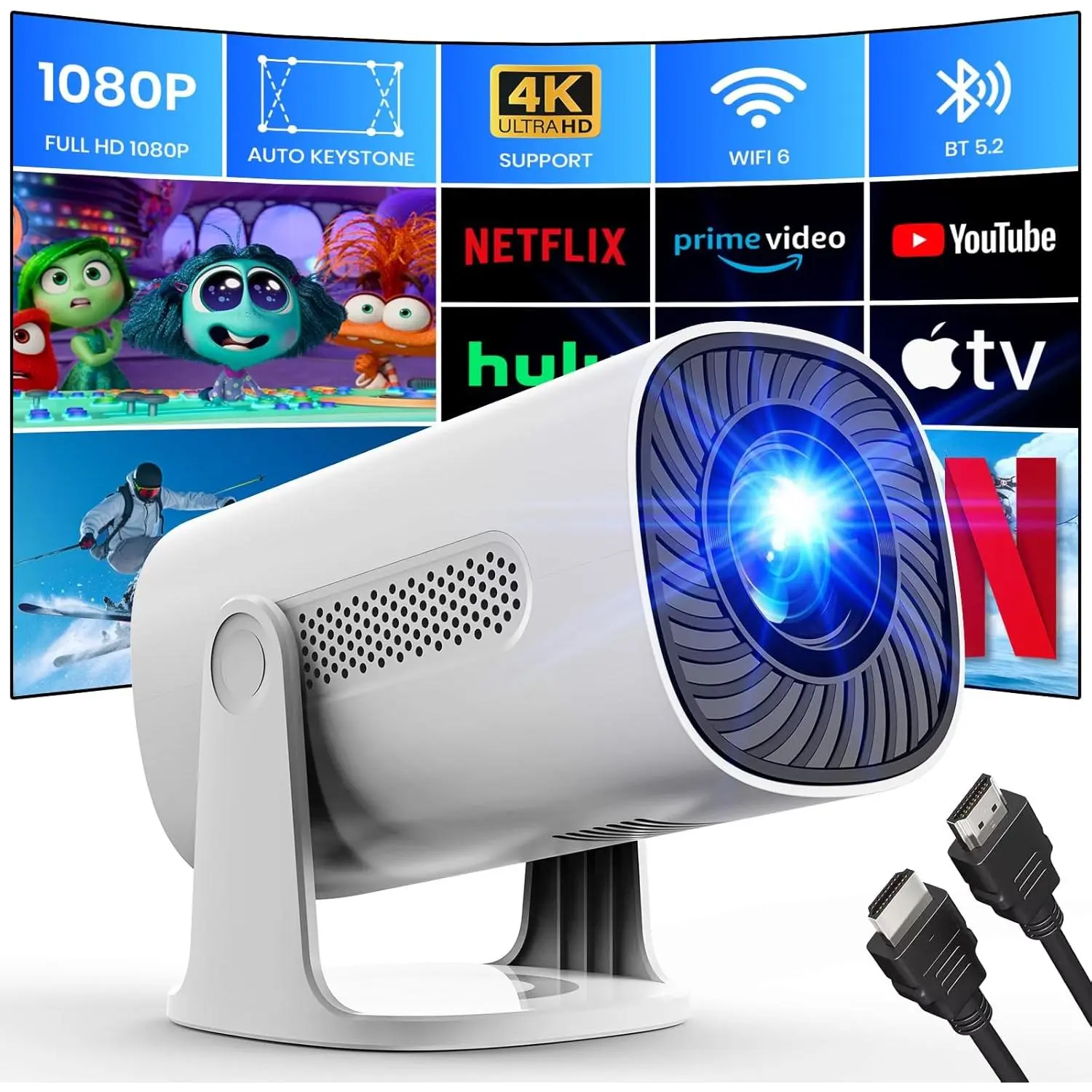 Máy Chiếu Mini, với WiFi và Bluetooth, 1080P Native 4K Hỗ Trợ, Netflix, Prime Video, YouTube, Auto Keystone & Focus, Loa Âm Thanh Nổi, Thu phóng, Cầm Tay ngoài trời Máy Chiếu Phim gia đình, Màu trắng Projector