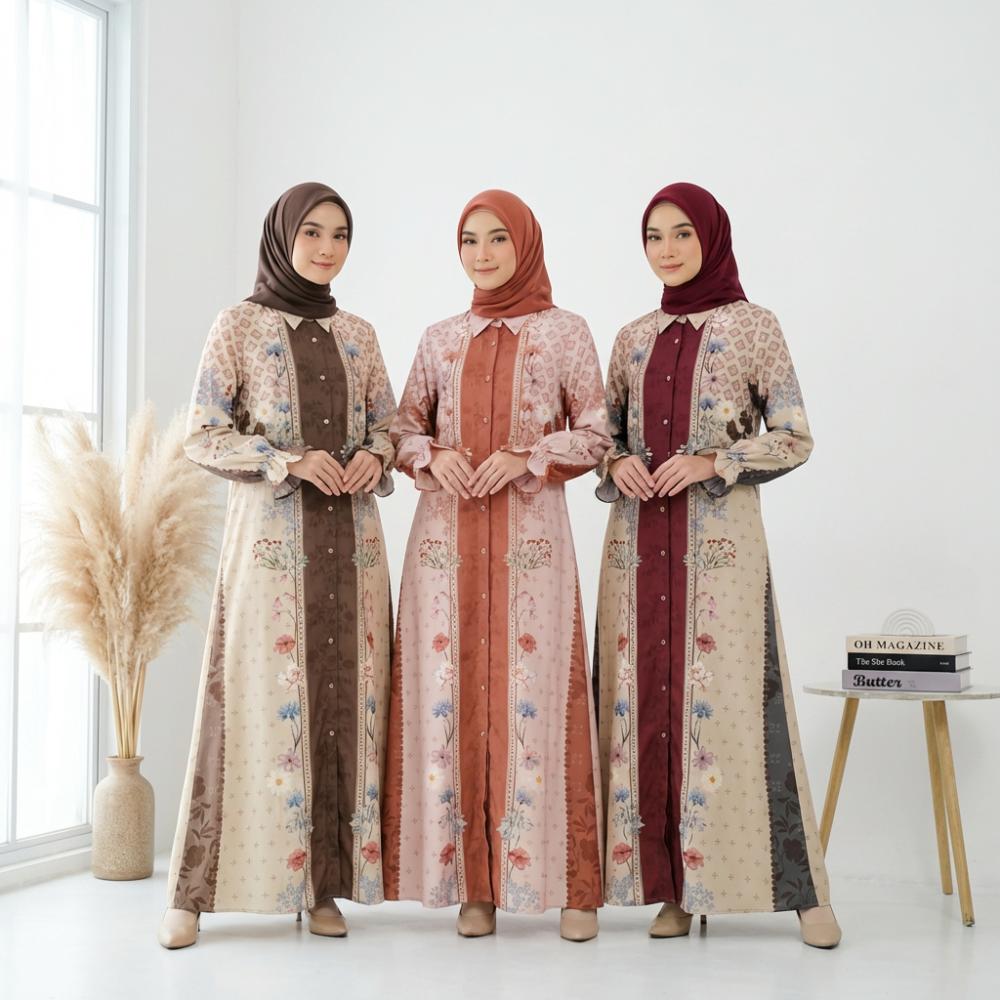 Asaya Gaun elegan dengan motif posisi mode lengan panjang