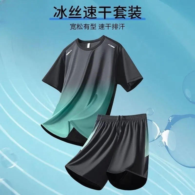 Bộ Đồ Thể Thao Lụa Lạnh Dành Cho Nam Giới, Bộ Đồ Thường Ngày Trang Phục Mùa Hè, Thương Hiệu Thời Trang Tập Luyện Luyện, Quần Đùi Hai Mảnh ngắn Tay, Thích Hợp Để Chạy Và Tập Luyện Áo Menswear
