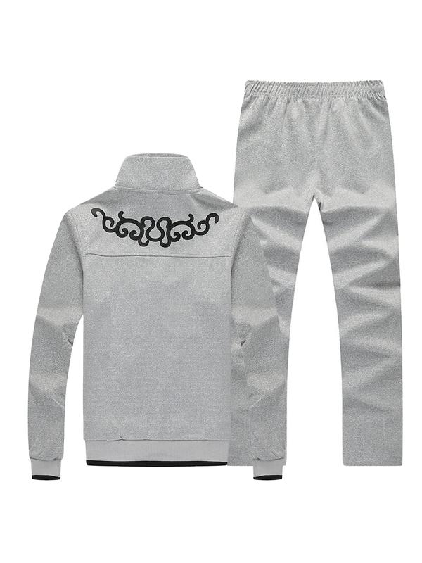 Two-Piece Set Men's Regular Fit Letter Print Zip Up Longsleeves Jacket & Elastic Waist Pants Suits Set, 2024 Casual Long Sleeve Pocket Outerwear & Straight Leg Trousers 1
