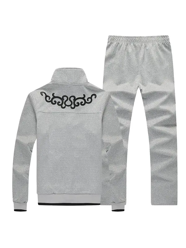Two-Piece Set Men's Regular Fit Letter Print Zip Up Longsleeves Jacket & Elastic Waist Pants Suits Set, 2024 Casual Long Sleeve Pocket Outerwear & Straight Leg Trousers 1