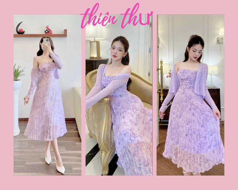 Đầm xoè voan hoa 2 dây dập ly kèm áo khoác siêu xinh V086 Dress 0
