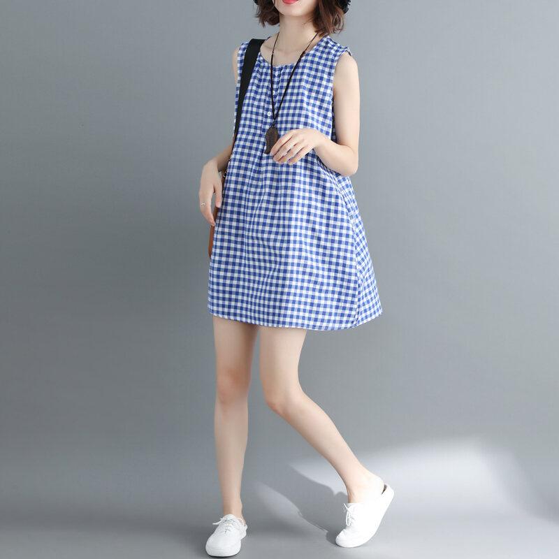 Váy Vest Không Tay Gingham, Màu Đen Và Trắng, Dành Cho Nữ, Hàng Mới Về Mùa Hè 2023, Phong Cách Nghệ Thuật, Ngoại Cỡ, Dáng Rộng Vừa Vặn, Thích Hợp Cho Học Sinh, Váy Chữ A Kiểu Chữ A Women Dress Khuy 2