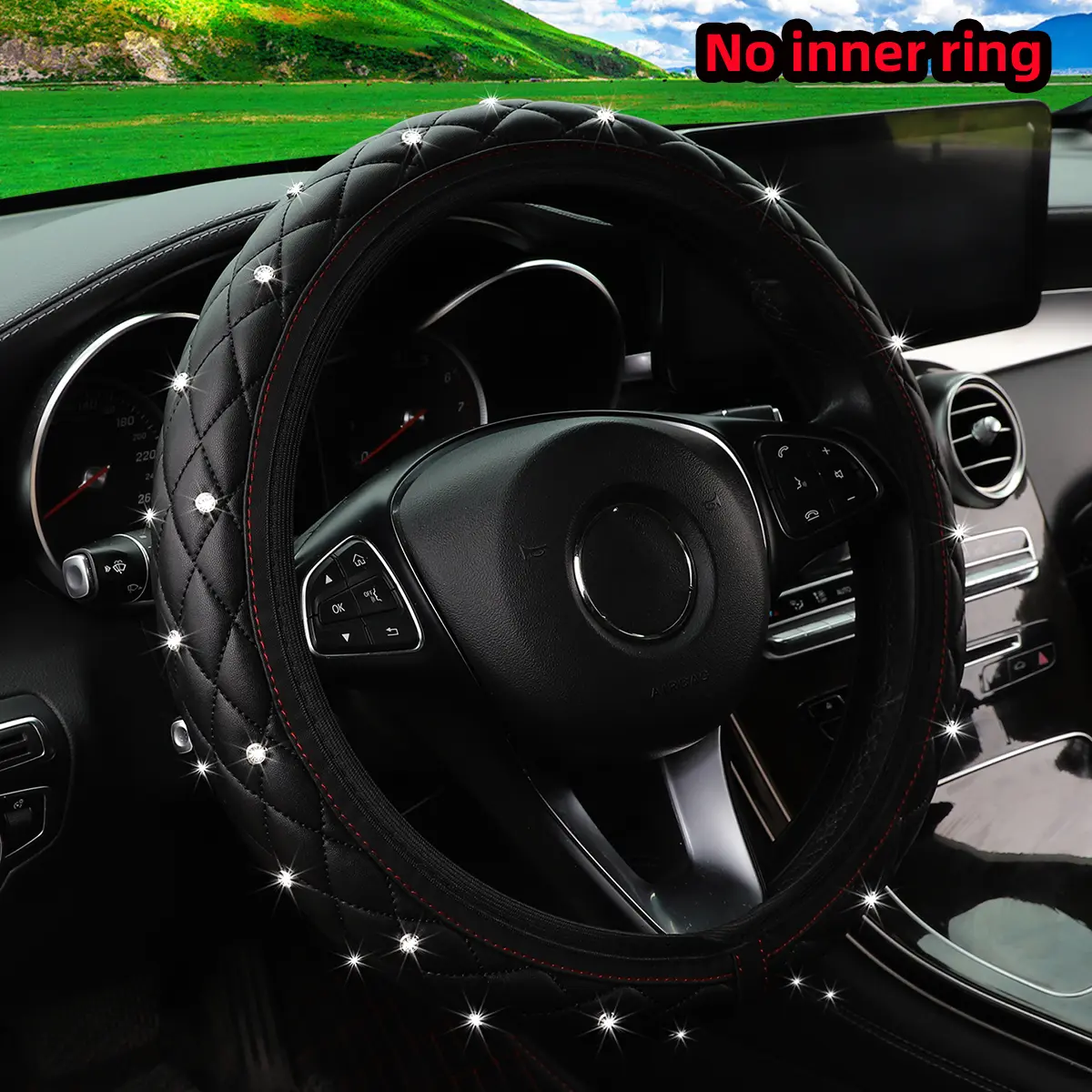 1 PU leather embroiled stereo diamond-encrusted Blingbling car steering wheel cover for 14.5-15 inch automotive supplies