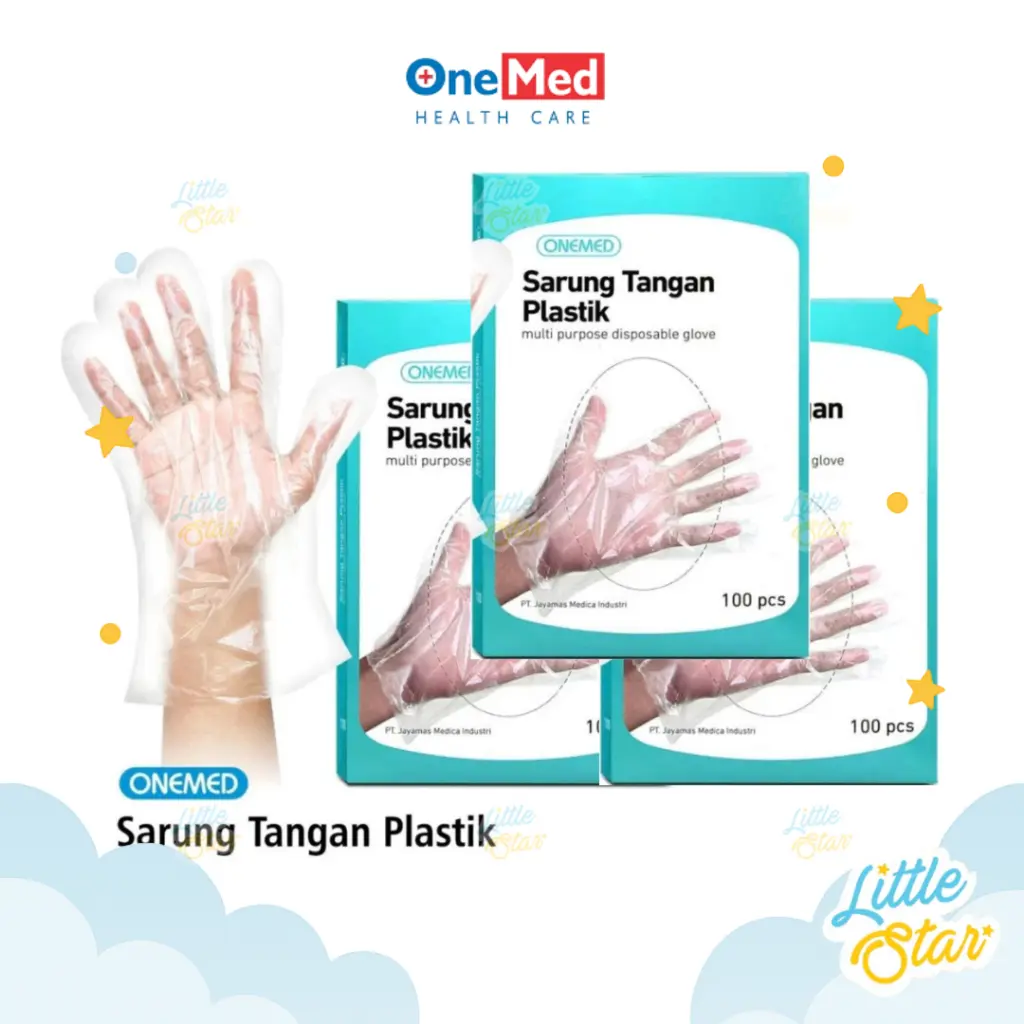 Paket 3 Pcs Onemed Sarung Tangan Plastik 1 Box isi 100 Pcs Multipurpose Disposable Plastic Gloves