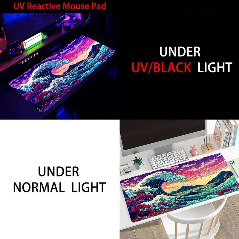 Sea Wave Pattern Mouse Pad, UV Reactive Large Gaming E-sports Computer Thickened Fluorescent Mouse Pad, Rubber Mouse Pad 2
