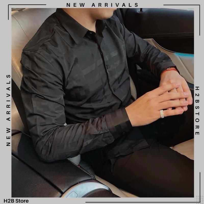 Áo Sơ Mi Đen Dài Tay Caro Sọc Vân Chìm Sọc Nam Menswear Kem Kate Shirt