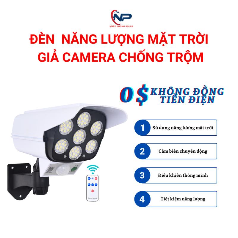 Đèn năng lượng mặt trời giả camera ngoài trời tự động BẬT TẮT NHẬT PHONG LED chống trộm chống nước IP67. Có điều khiển shopnhatphong