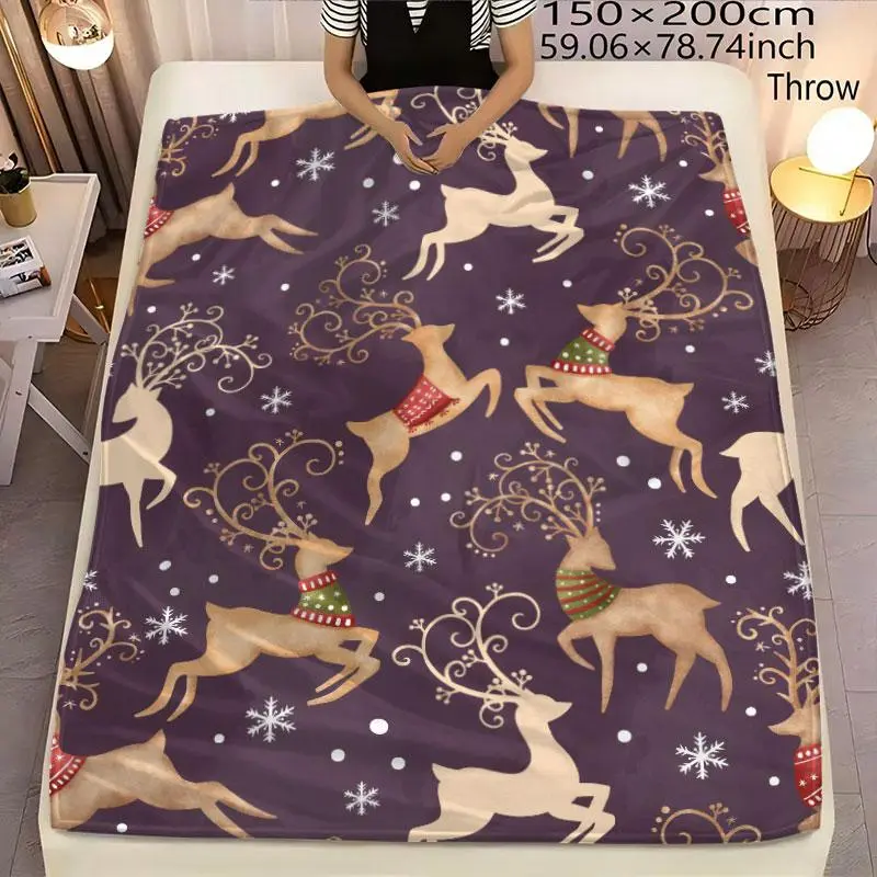 Elk & Snowflake Pattern Blanket, 1 Count Christmas Soft Air-conditioned Room Throw, Warm Nap Blanket for Home Office Travel Camping 3