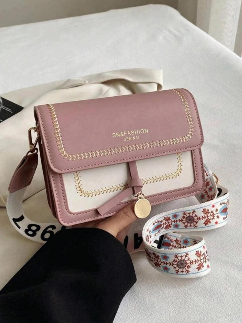 Product Introduction of Fashionable Colorblock Embroidering Design Crossbody Bag, Casual Versatile Patched Design Purse Bag for Women, Trendy High-quality Daily Commuting Bag, Purse 3