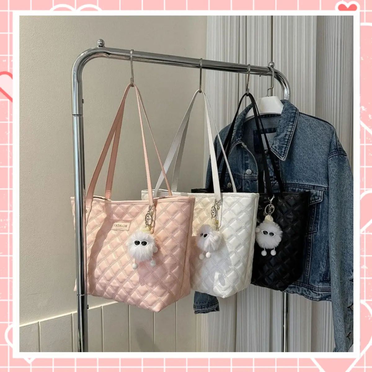 ( TẶNG GẤU XINH ) Túi xách nữ công sở đeo vai thiết kế ô trám kèm bông thanh lịch K221 Tote Da Bag Kem Chữ Nhật