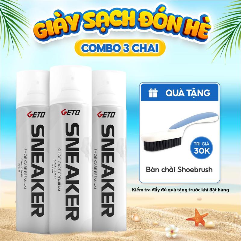 Bộ 3 Chai Xịt Tạo Bọt Vệ Sinh Giày Sneaker Geto Cao Cấp Kèm 01 Bàn Chải Đánh Giày Shoe Brush