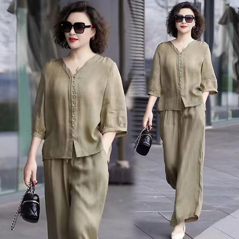 Bộ Đồ Vải Lanh Và Cotton, Bộ Sưu Tập Mới Cho Mẹ TRUNG NIÊN, Thời Trang Thường Ngày Hàng Mới Về Mùa Hè, Áo Vải Lanh Và Quần Ống Rộng, Bộ Hai Mảnh, 2024 4