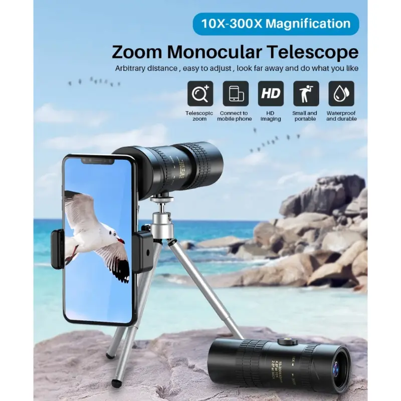 HD Teropong Monocular Telescope 10-300x40 Zoom dengan Tripod dan Holder HP - Lensa Tele HP Zoom - TTVXO FBA44 Portabel untuk Berkemah Untuk telepon iphone android 6