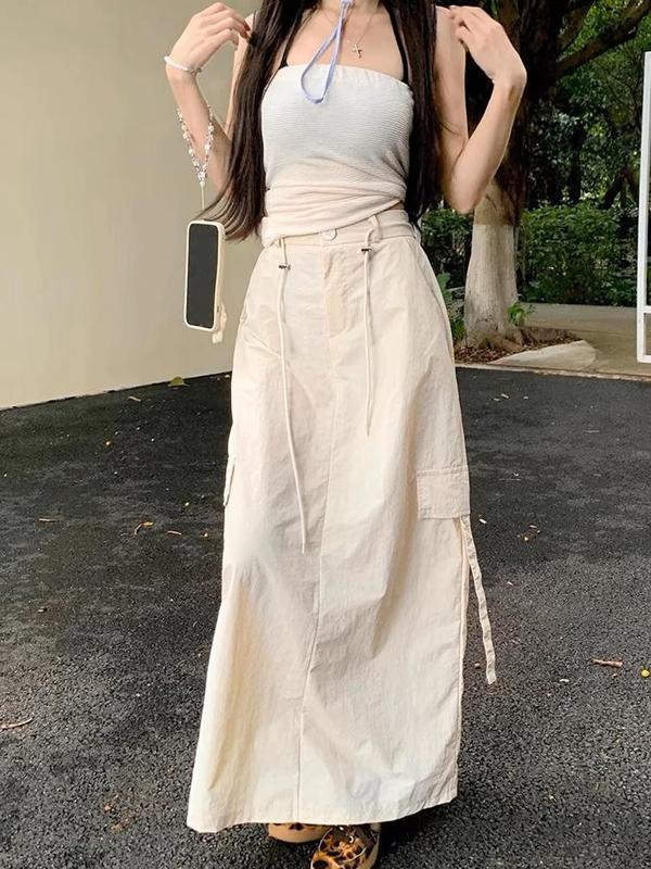 Chân Váy dáng dài Lưng Thun Dây Rút điều chỉnh cạp Phong Cách Vintage c75