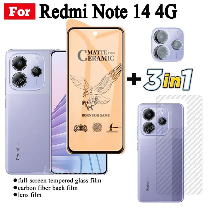 Kính cường lực gốm, 3 IN 1, cho Redmi Note 14 4G, Tương thích với Redmi A4, A3, Redmi 14C, 13C, Bảo Vệ màn hình Kính Ống Kính Máy Ảnh và Phim Lưng Phụ Kiện Phone