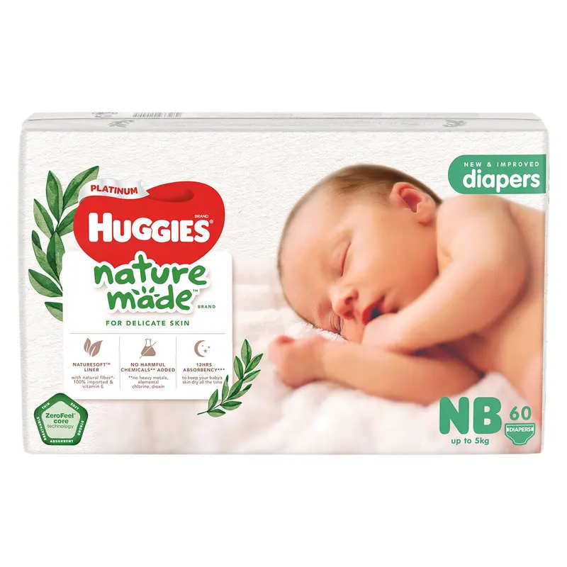 Bỉm/tã dán/quần Huggies Platinum Nature Made Size NB60/S82/M64/L54/XL44/XXL26 5