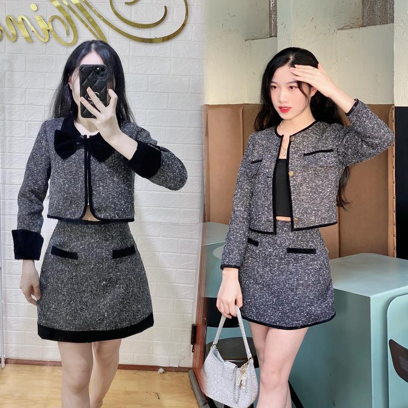 KangStudio - Set váy dạ áo khoác dài tay sang chảnh + chân váy chữ A