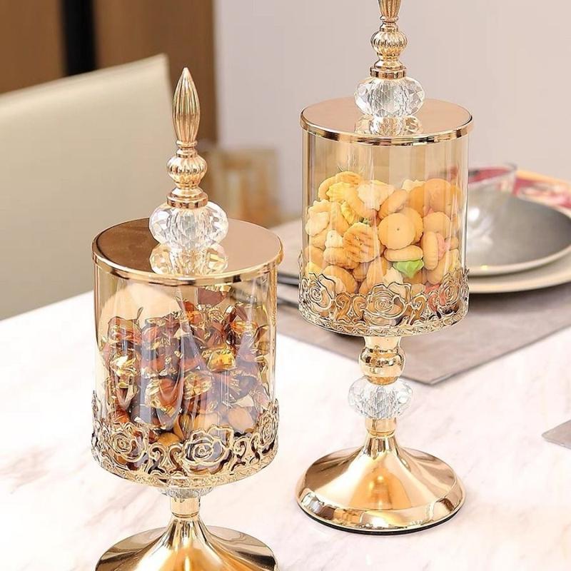 Product Introduction of New European Glass Storage Jar with Lid High-footed Rose Candy Jar Luxury Desktop Ornaments -plated Storage 10