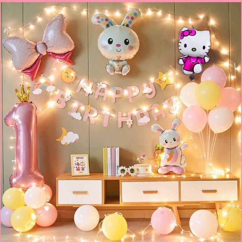 Combo set bóng bay trang trí sinh nhật chủ đề thỏ mèo dễ thương tặng kèm bơm tay băng dính TM