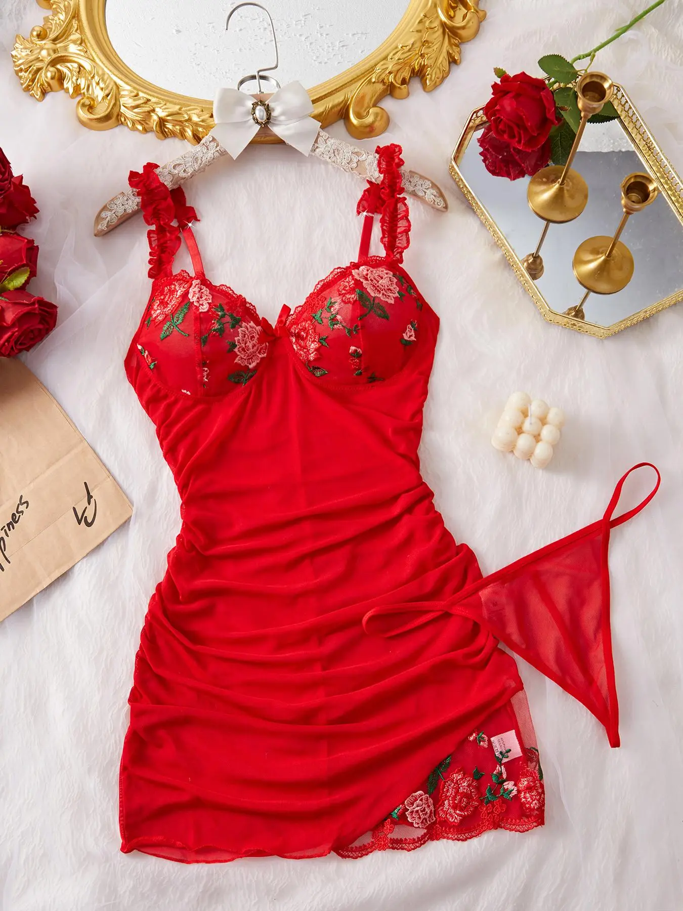 Women's Floral Embroidery Nightdress & Thong Sleepwear Two-piece Set, Sexy Comfy Ruched Backless Nightgown & Panty Set, Ladies Sleepwear for All Seasons