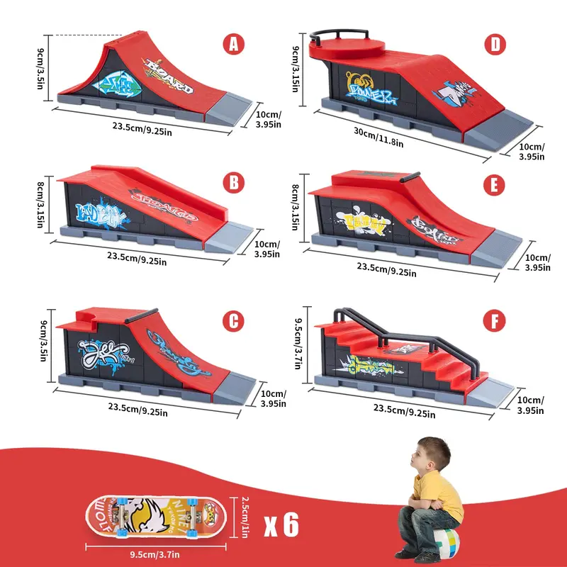 Finger Skateboard Set, Including 6 Counts Skateboard Tables, 6 Counts Random Colored Finger Skates, 1 Count Display Stand, 1 Count Pants, 1 Count Clothing & Random Color Accessory Bag, DIY Skate Park Ramp Parts, Interactive Finger Skateboards Track Kit 1