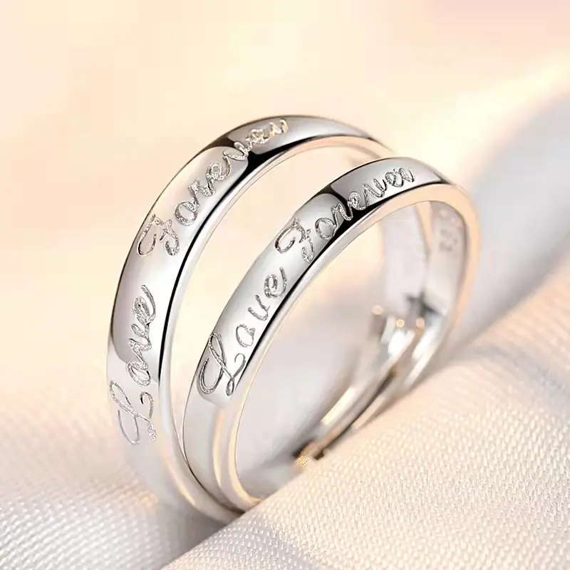 Nhẫn Tình Yêu, Thiết Kế Đơn Giản, 2 Cái / cặp Nhẫn Ngón Tay Có Thể Điều Chỉnh Làm Bằng Chất Liệu Bạc, Với Chữ Tình Nhân Geyue 1