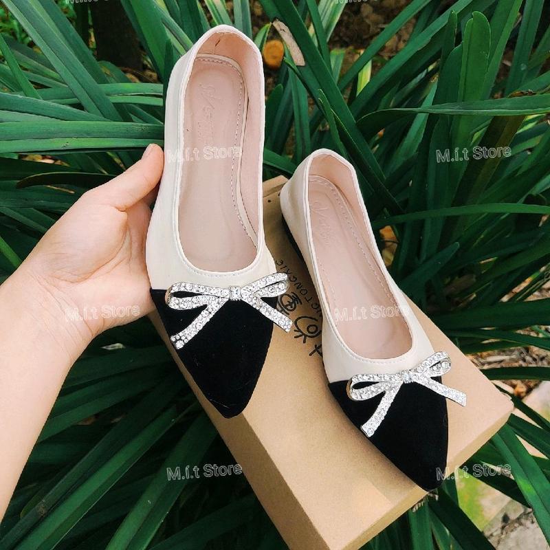  Giày búp bê nữ phối màu da mềm Khoá Nơ gót 2p   Phom 1.5 chân gày giảm 1 size   