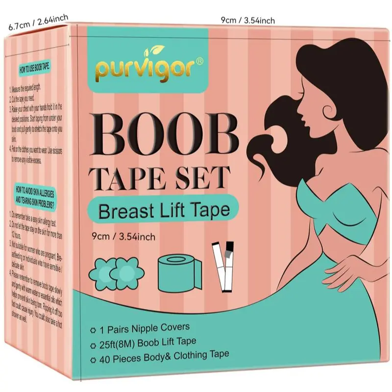 Breast Lift Tape Set, Including 1 Pair Covers, 25ft Boob Lift Tape and 40pcs Body and Clothing Tape, Breast Lift Tool for Women, Breast Care Product for Daily Use 1