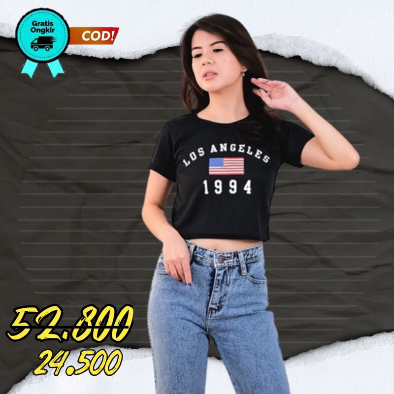 Baju Kaos Crop Top Motif Wanita Los Angeles 1994 Rib Pendek 1