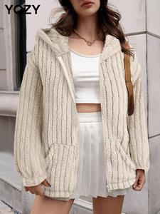YOZY Women's Solid Drop Shoulder Zip Up Hooded Plush Coat, Casual Long Sleeve Pocket Fuzzy Outerwear for Fall & Winter, Women's Clothes for Daily Wear