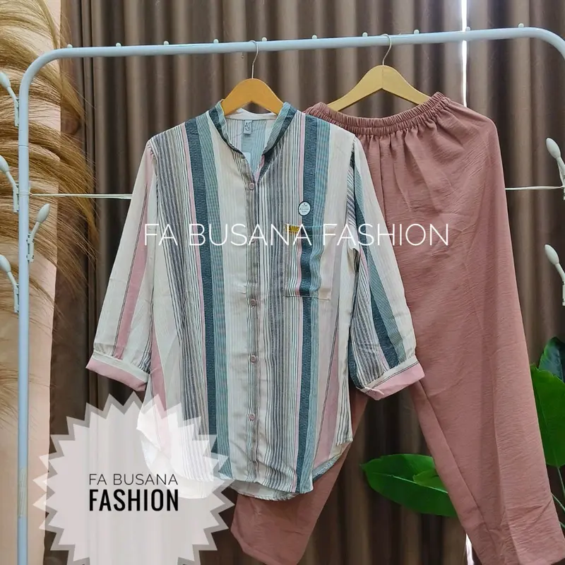 Setelan wanita jumbo bahan crinkle airflow Lembut baju Atasan Kancing depan Celana panjang Karet 4