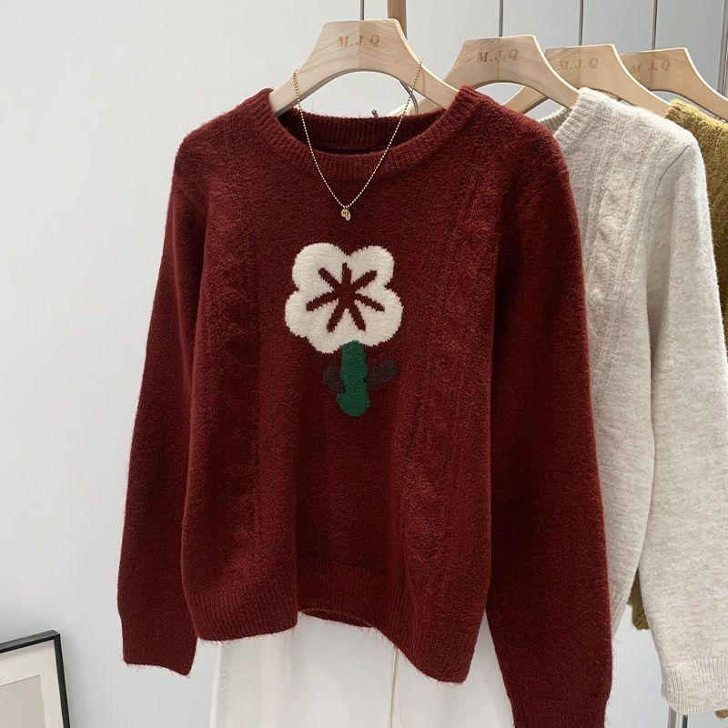 Áo Len Đỏ, Phong Cách Hàn Quốc Của Phụ Nữ, Trang Phục Mùa Thu Và Mùa Đông, Dáng Rộng Vừa Vặn, Dễ Phối Đồ, Cổ Tròn, Áo Chui Đầu, Mềm Mại Và Nếp, Thích Hợp Làm Áo Giáng Sinh 2024