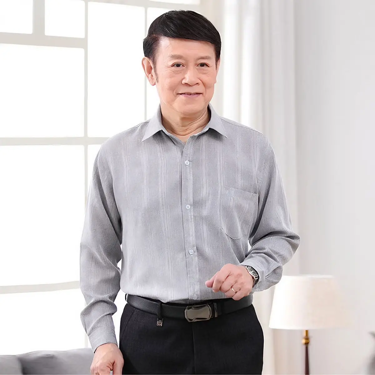 Áo sơ mi nam tay dài chất đũi cho bố trung niên - Menswear Có Cổ
