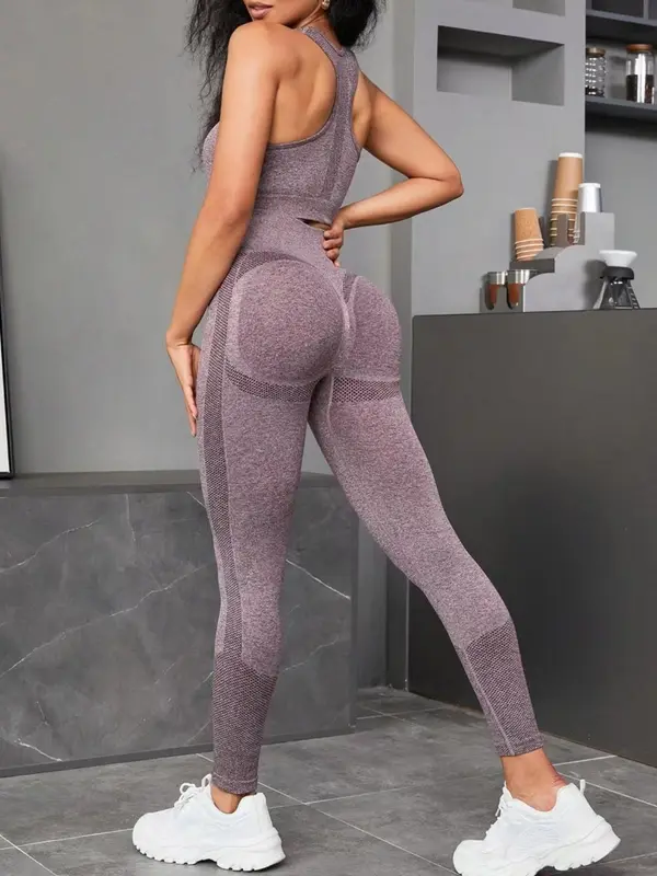 Women's Solid Scoop Neck Crop Tank Top & High Waist Leggings Tracksuit Set, Sporty Breathable Outfits for Yoga Gym Workout Running, Ladies Sportswear for All Seasons 1