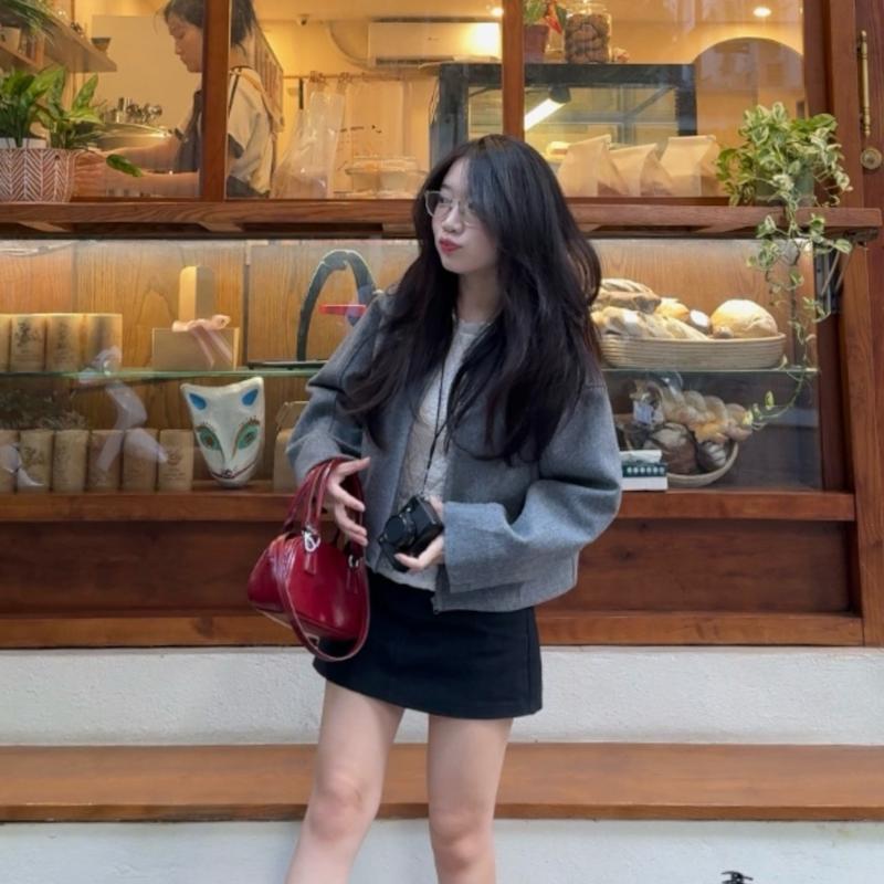 Áo khoác Dạ dáng ngắn cổ tròn kéo khoá Bazic Onee nữ - Top