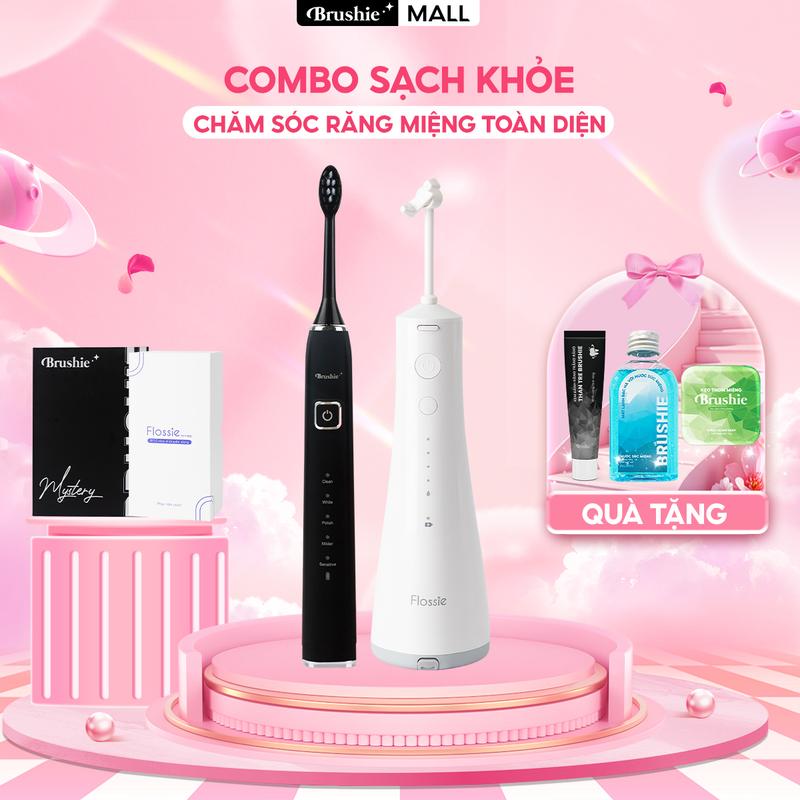 Combo bàn chải điện Brushie Ultra chính hãng tích hợp đầu rửa mặt và tăm nước Flossie đầu phun 2 chiều hỗ trợ làm sạch hiệu quả và tiết kiệm chi phí - TẶNG 2 kẹo thơm miệng + 2 nước súc miệng