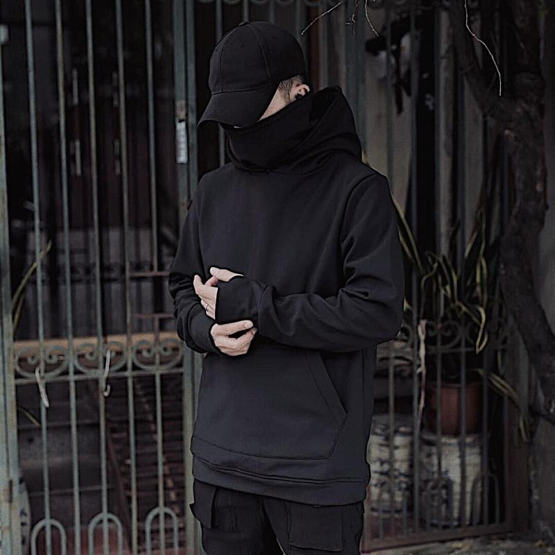 Áo Hoodie Nam Cổ Cao Hoodie ninja Đen trơn Phong Cách Đường Phố phù hợp mùa Thu Đông Menswear