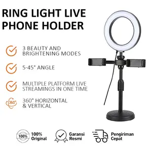 Bonkyo Ring Light HP Biru & Hitam dengan Tripod & 2 Holder Ponsel 360° Adjustable 10 Level Brightness untuk Live Streaming Makeup Vlog Garansi Resmi - Hijau - Lampu - Kamera, Panjang