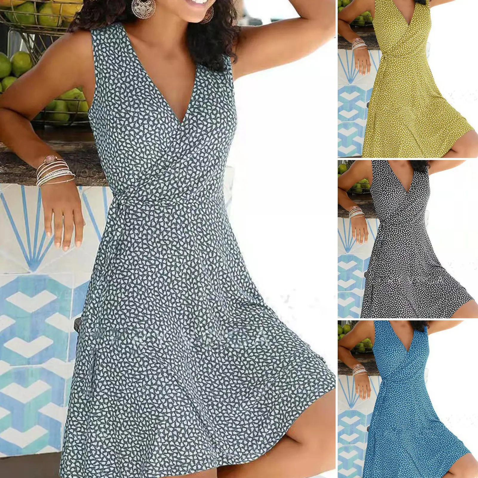 gngingy V-neck Sleeveless Waist Tie Loose Hem Women Dress Summer Sweet Dot Print A-Line Dress