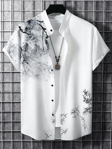 ティー&ネックレスなしのメンズレギュラーフィットリーフ&フローラルプリントボタンフロントシャツ、春夏用のカジュアルな快適な半袖スタンドカラートップ、ナショナルデーの服、ファッションメンズ服を毎日着用
