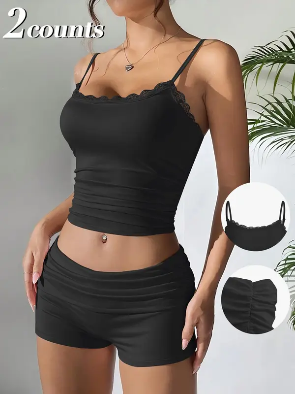 Women's Solid Color Cami Top & Shorts Loungewear Two-piece Set, Casual Comfy Pajama Set for Daily Wear, Ladies Sleepwear for Summer 3