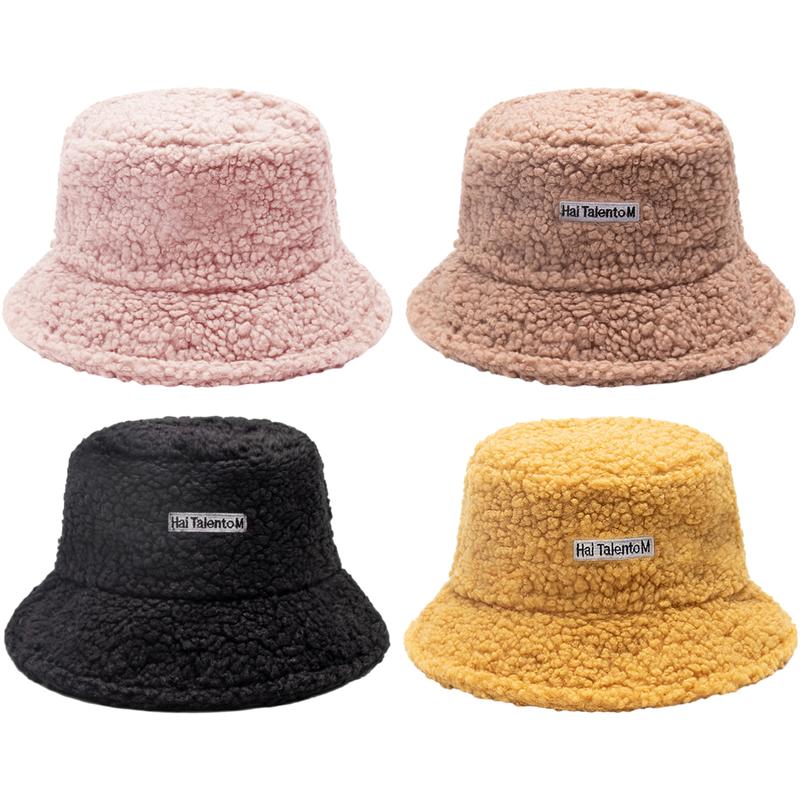 Product Introduction of Lamb Wool Bucket Hat Winter Warm Hats For Women Lady Thicken Flat Top Cap Panama Outdoor Fisherman Hat Caps Letter Embroidered Hat Fisherman Cap 56-58 cm 26