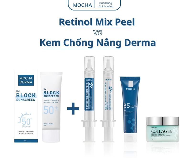 MOCHA Retinol Mix Peel + Kem Chống Nắng Derma, Mua 2 Được 6: 1 Peel Mocha, 1 Chống Nắng Derma, 1 Serum Vitamin B5, 1 Kem Face Collagen, 2 Sữa rửa mặt B5 Skincare Tinh Chất peel  damocha